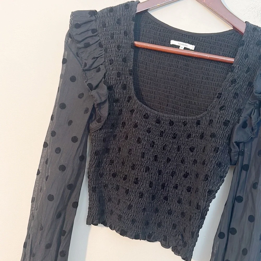 Tularosa x Revolve Moxie Black Polkadot Smocked Top Blouse Women size XS